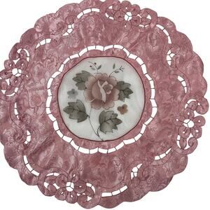 Round Scalloped Rose Pink Satin Type Fabric Doily Cutwork Floral Table Mat 14"
